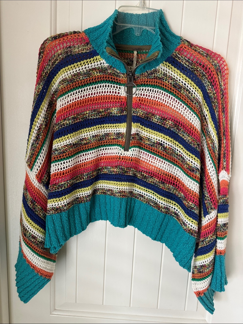Free People Teal & Orange Multicolor Striped Open-Knit Half-Zip Sweater